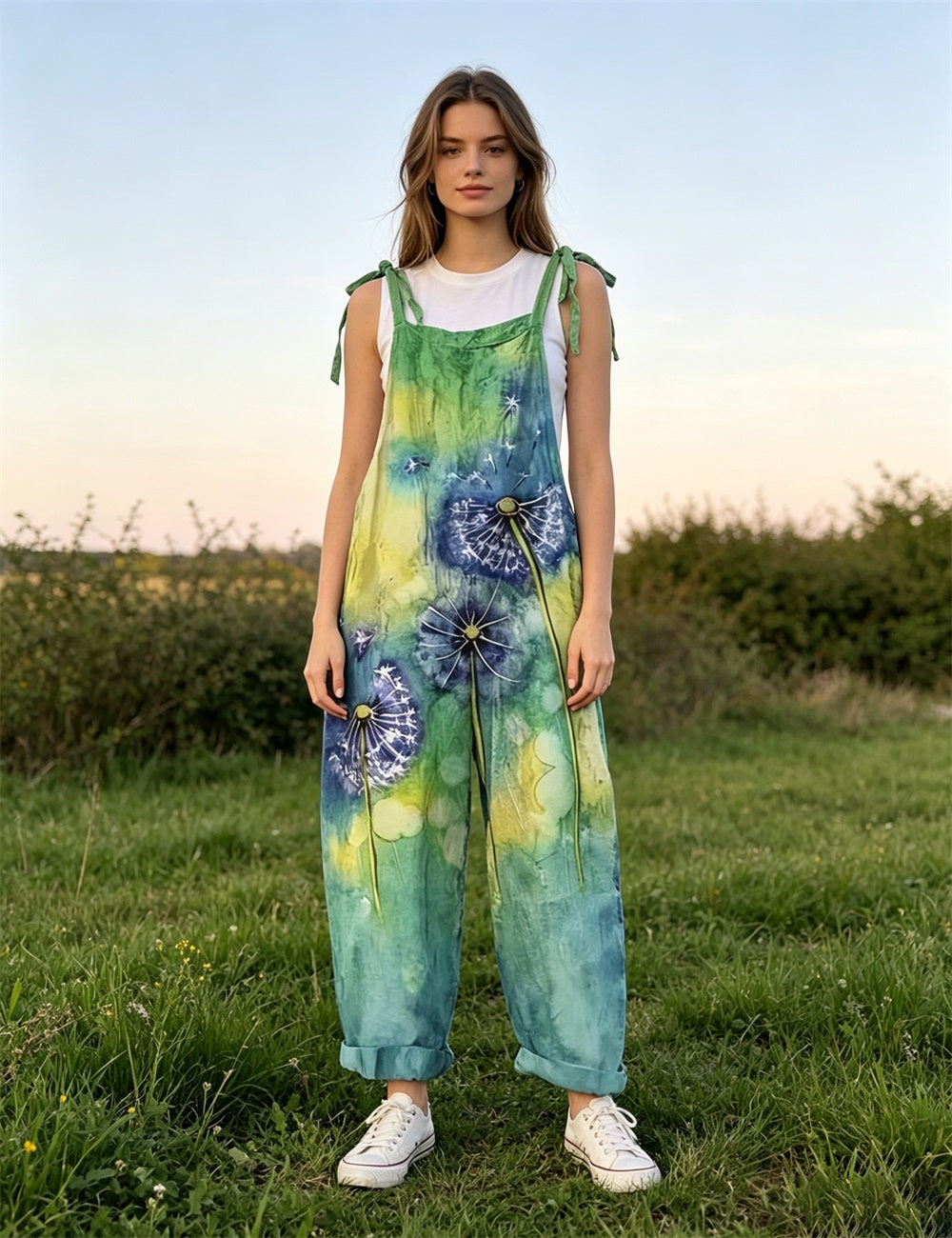 Women Colorful Graffiti Black Cat Print Tie Strap Overalls, Loose Wide Leg Rolled Cuff Casual Jumpsuit With Pockets