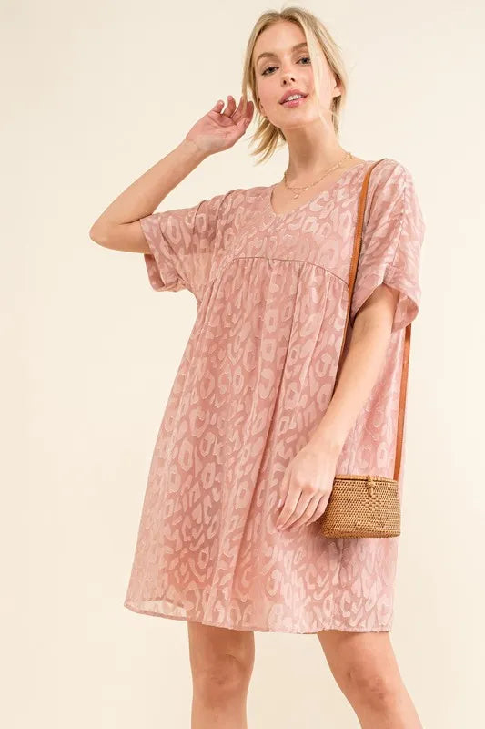 Leopard Print Baby Doll Dress with Roll Sleeves