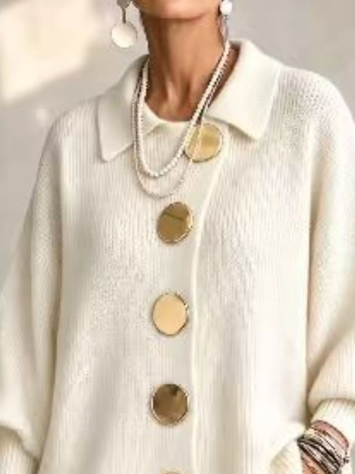 Full Size Gold Buttons Lantern Sleeve Cardigan Plus Size