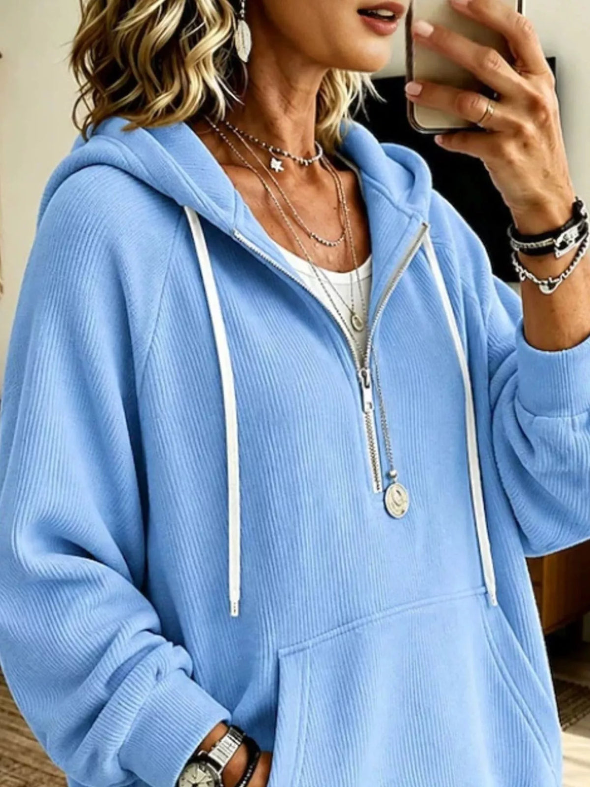 Ribbed Knit Quarter-Zip Hoodie with Kangaroo Pocket