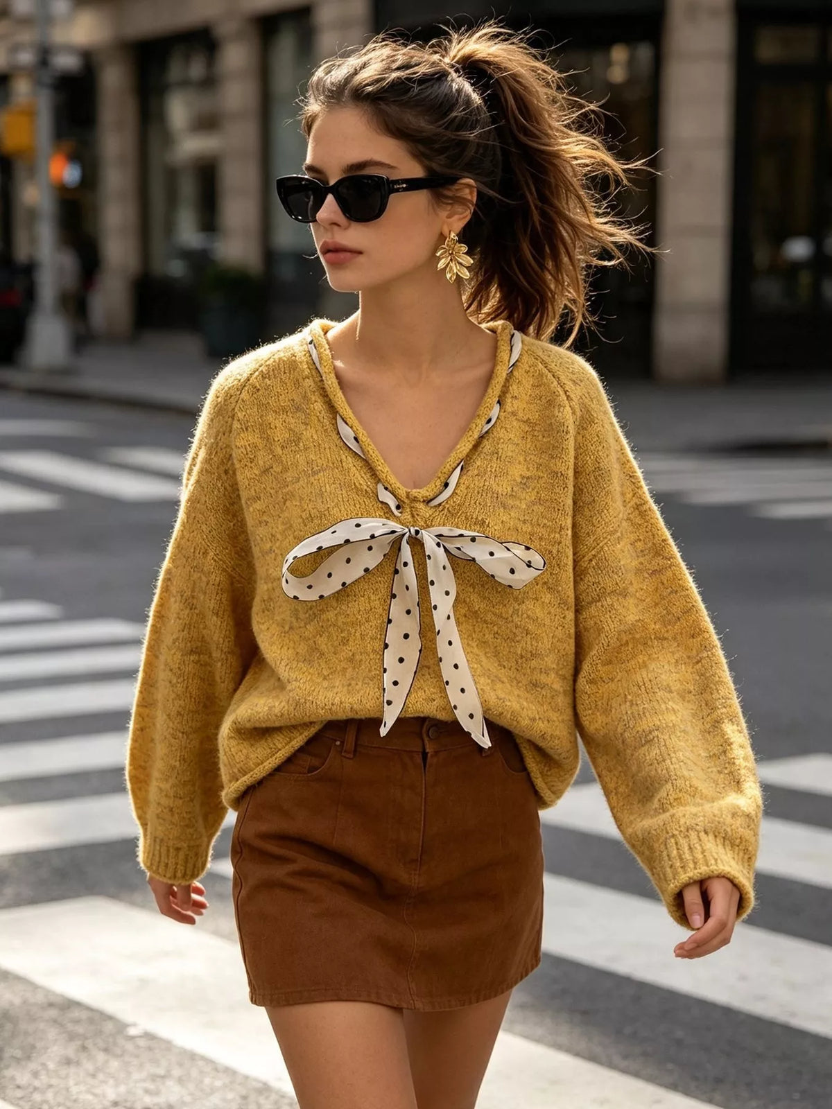 Chic V-Neck Sweater with Polka Dot Ribbon Tie