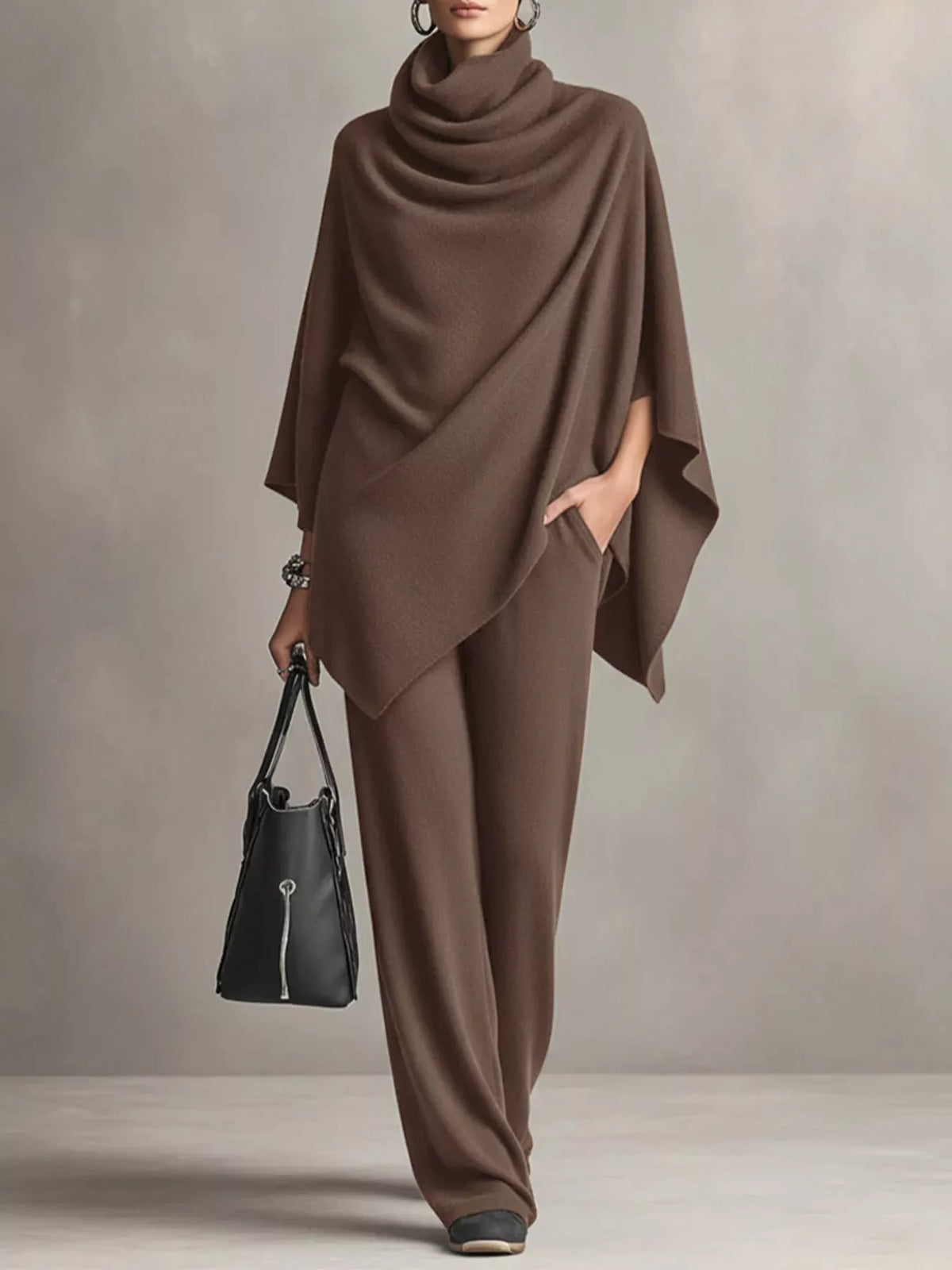 Full Size Turtleneck Poncho and Wide-Leg Pants Set Plus Size