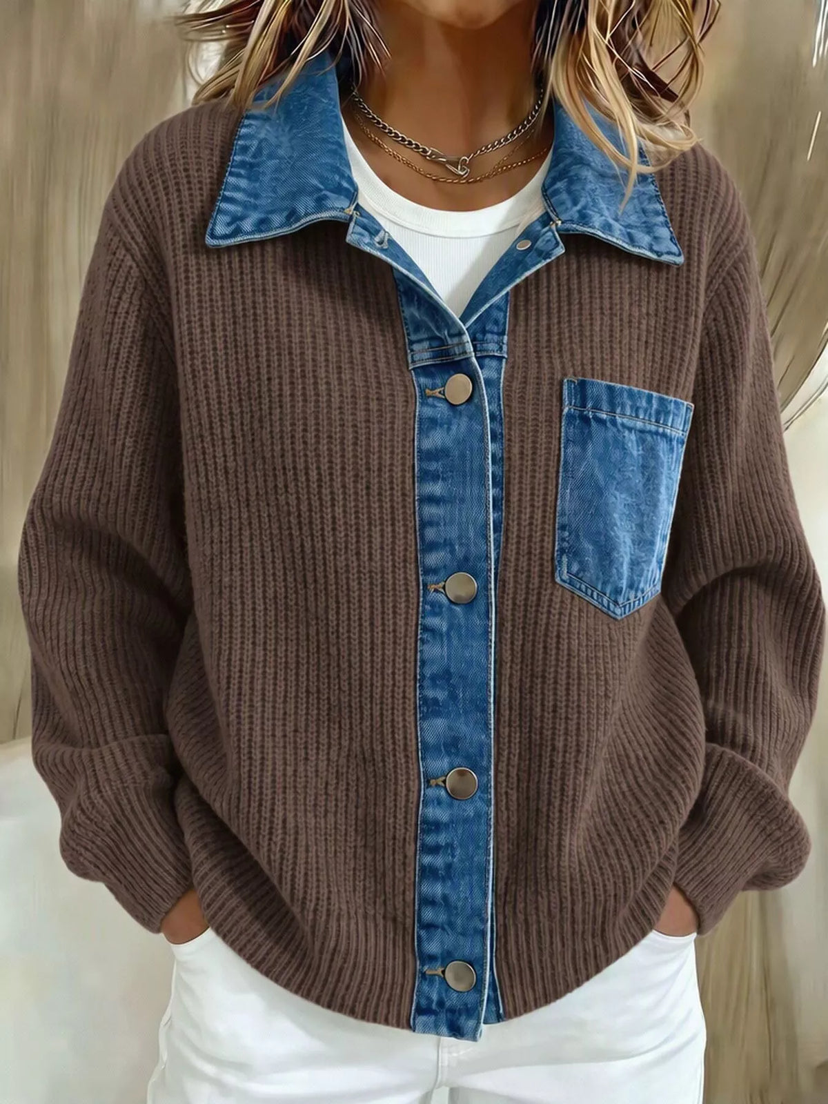 Denim Trim Button Up Cardigan