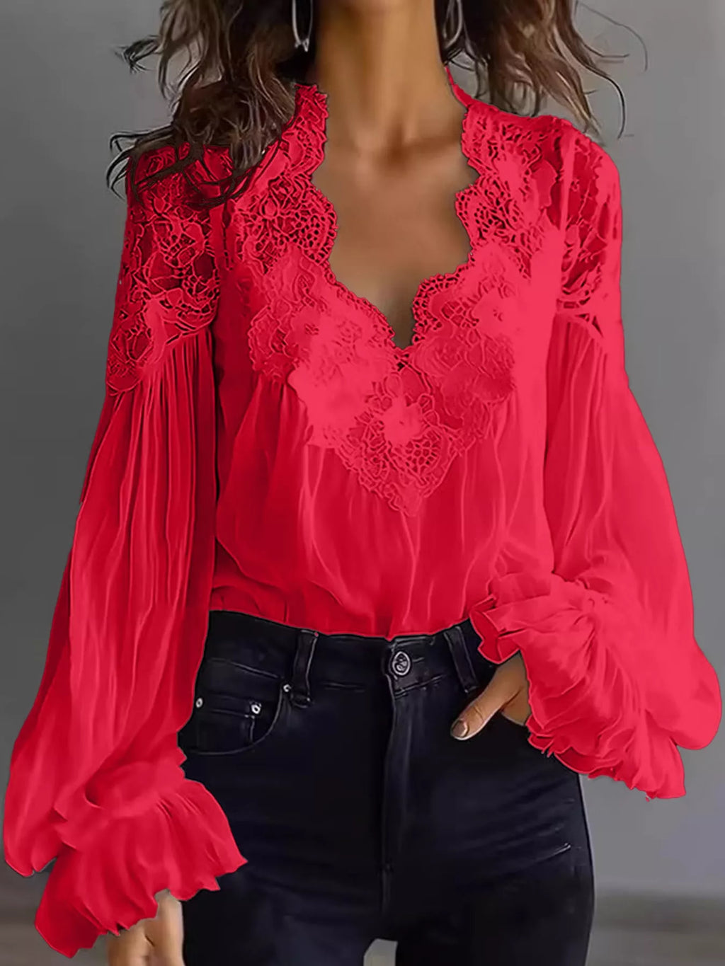Full Size Lace V-Neck Flounce Sleeve Blouse Plus Size