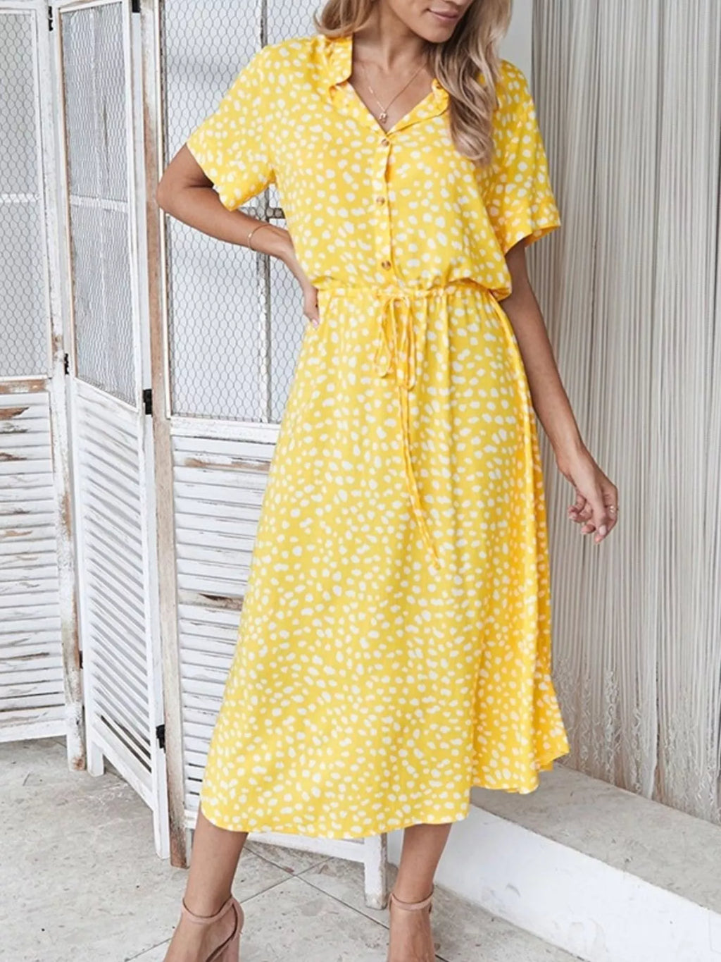 Animal Print Drawstring Waist Midi Dress