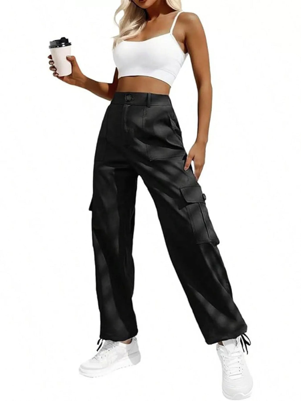 High-Waisted Cargo Pants with Drawstring Cuffs