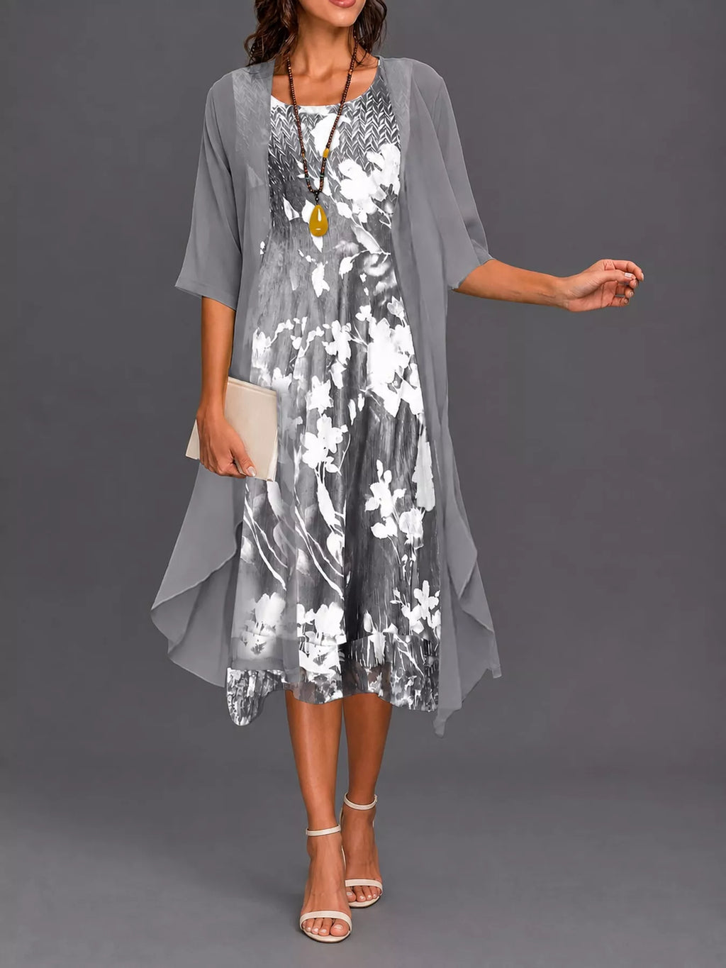 Full Size Floral Print Midi Dress and Chiffon Cardigan Set Plus Size