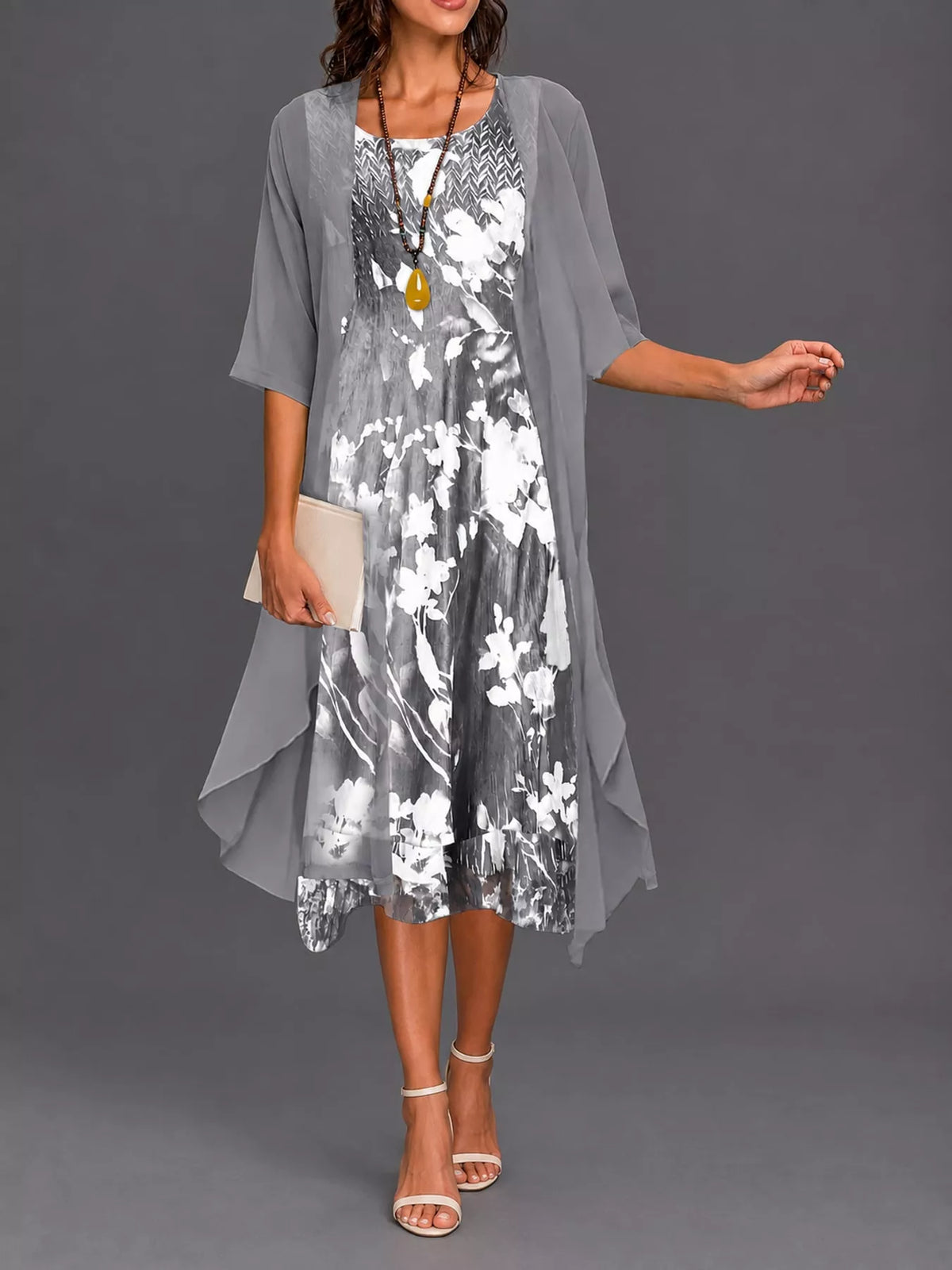 Full Size Floral Print Midi Dress and Chiffon Cardigan Set Plus Size