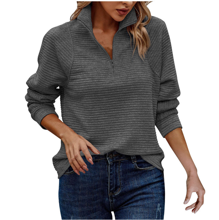 Autumn And Winter New Cross-Border European And American Amazon Comfortable Loose Snake Bone Pattern Solid Color Stand Collar Zipper Sweatshirt