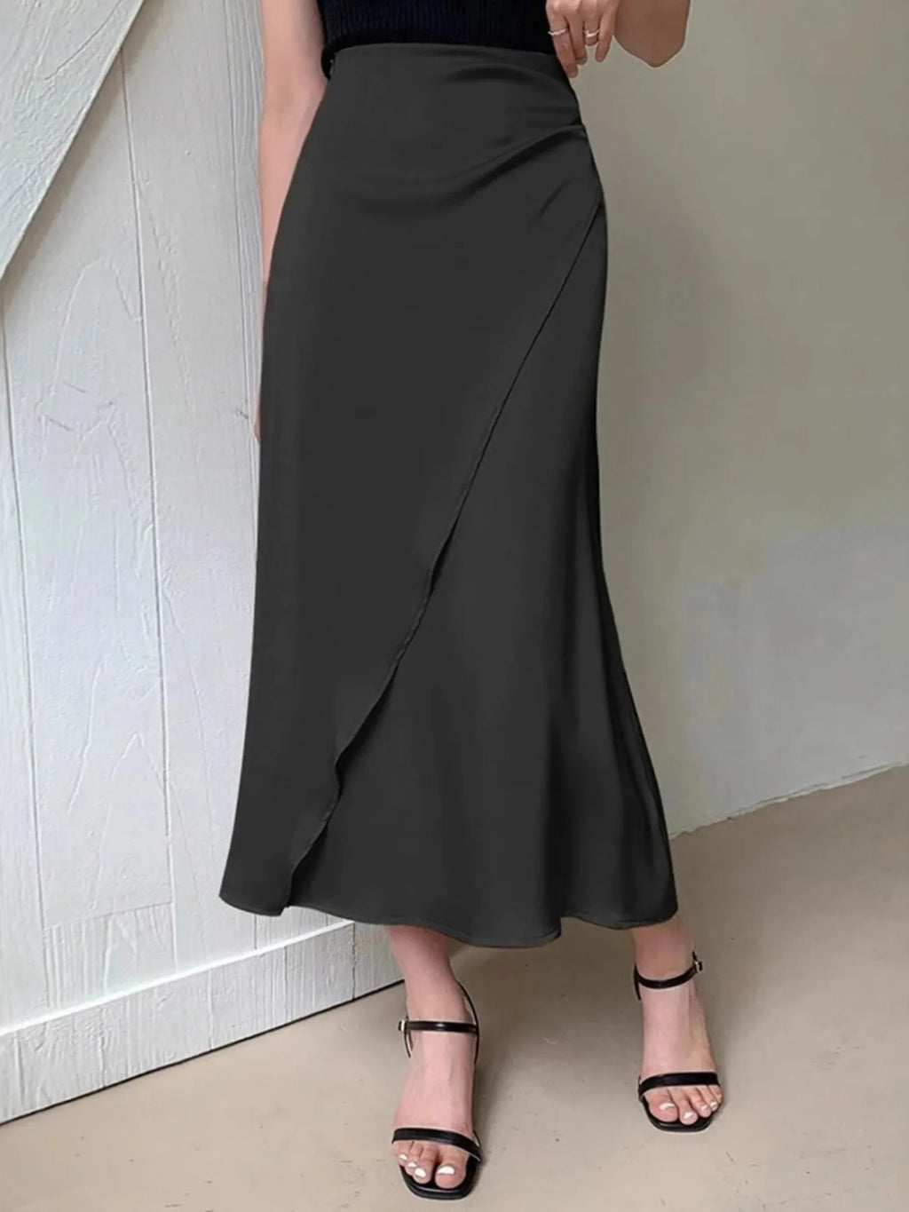 Asymmetric Wrap Midi Skirt with Fluted Hem