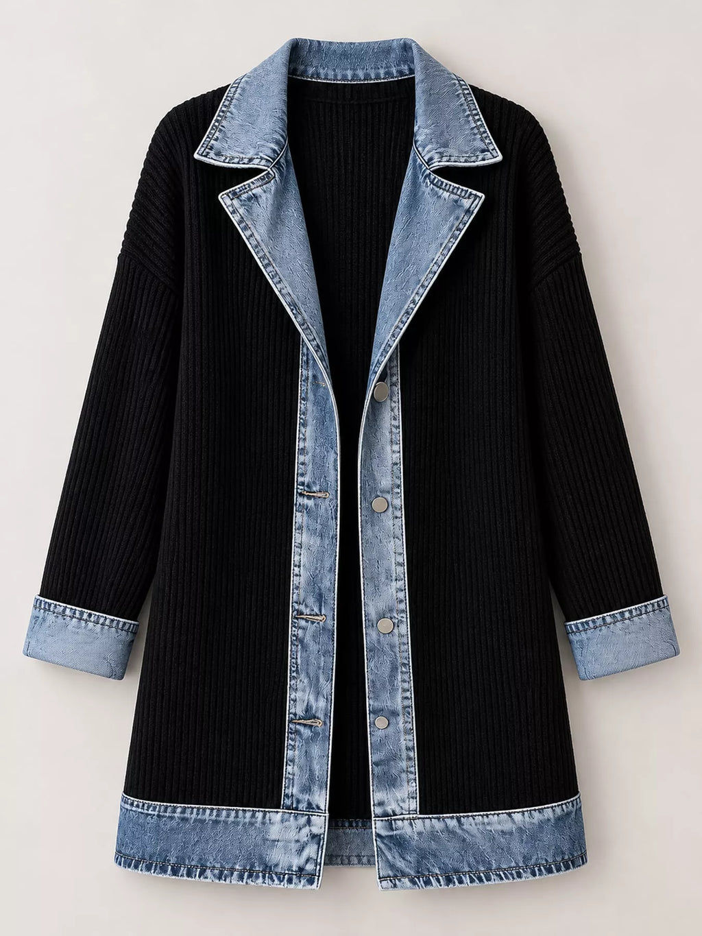 Full Size Denim Trim Ribbed Knit Cardigan Plus Size