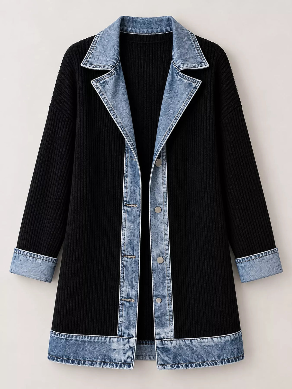 Full Size Denim Trim Ribbed Knit Cardigan Plus Size