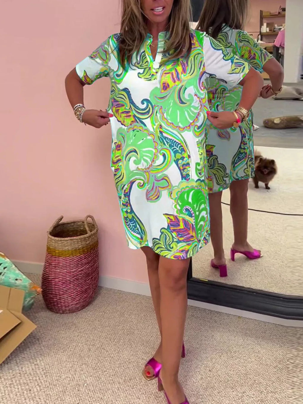 Full Size Vibrant Paisley Print Short Sleeve Shift Dress Plus Size