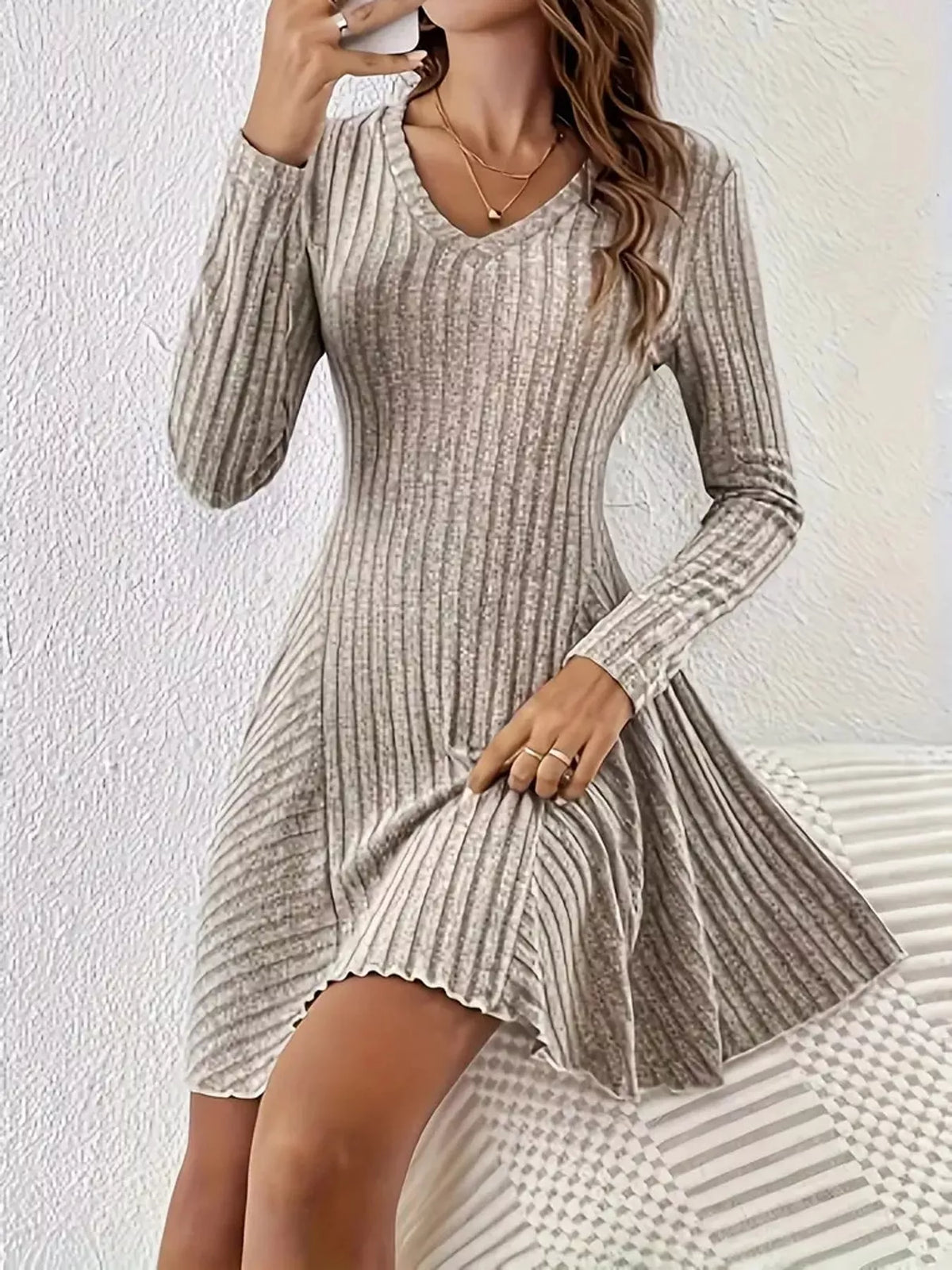 V-Neck Ribbed Knit A-Line Dress