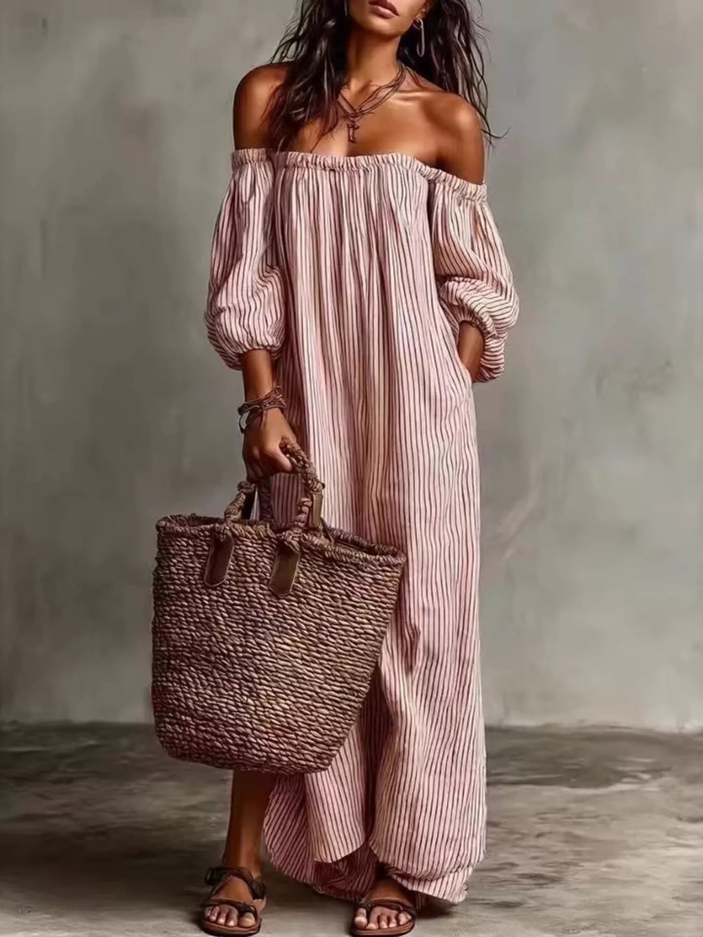 Full Size Off-Shoulder Striped Maxi Dress with Puff Sleeves Plus Size