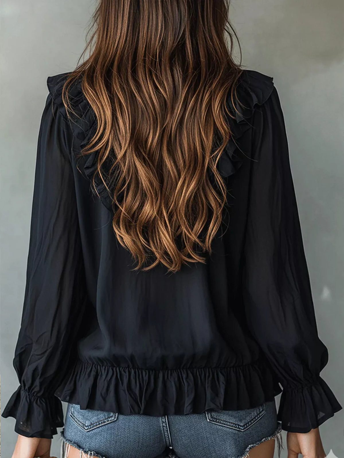 Ruffle V-Neck Long Sleeve Blouse