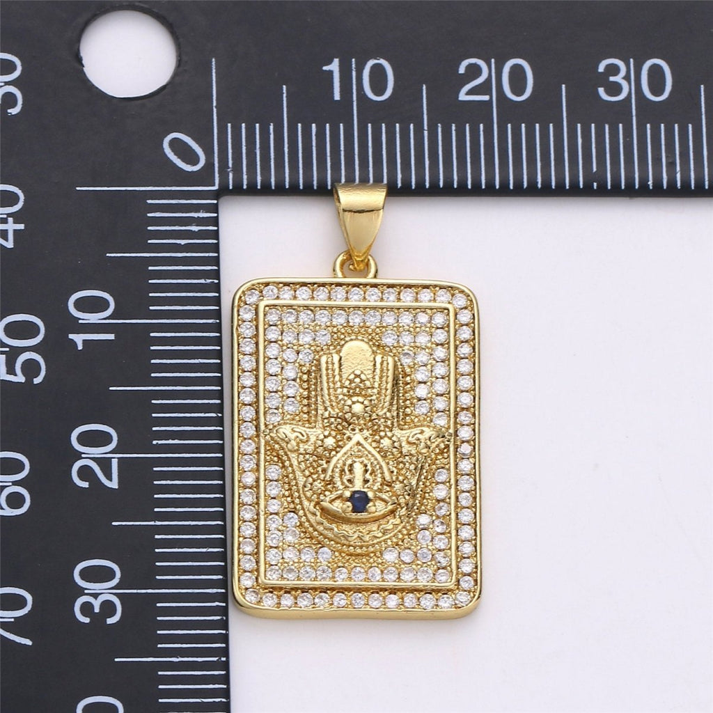 14k Gold Filled Hamsa Hand Charm with Micro Pave square tag CZ pendant for Protection Amulet Necklace Component I-615