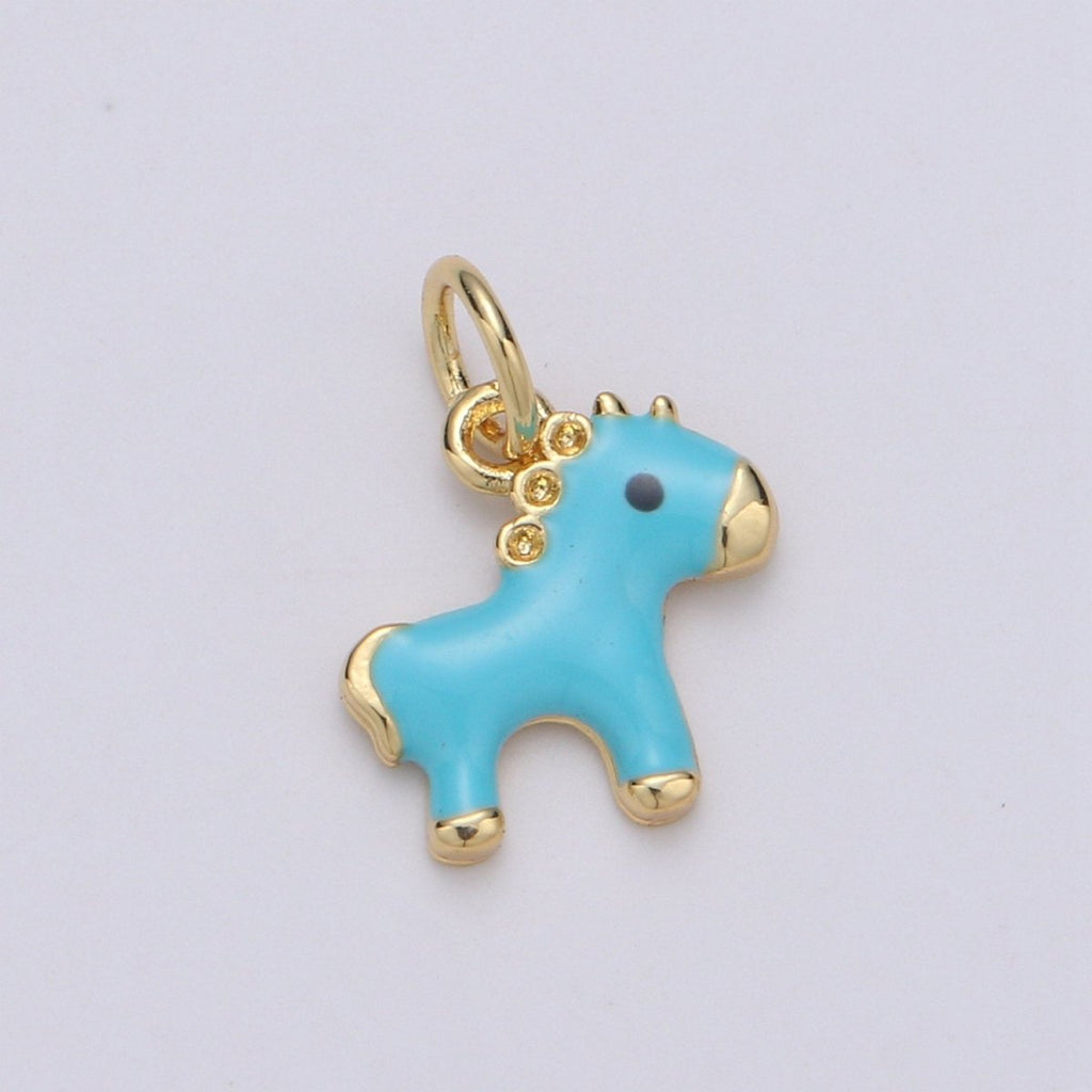 14K Gold Filled Mini Teal Horse Little Pony Blue Enamel Epoxy Charm | D-756