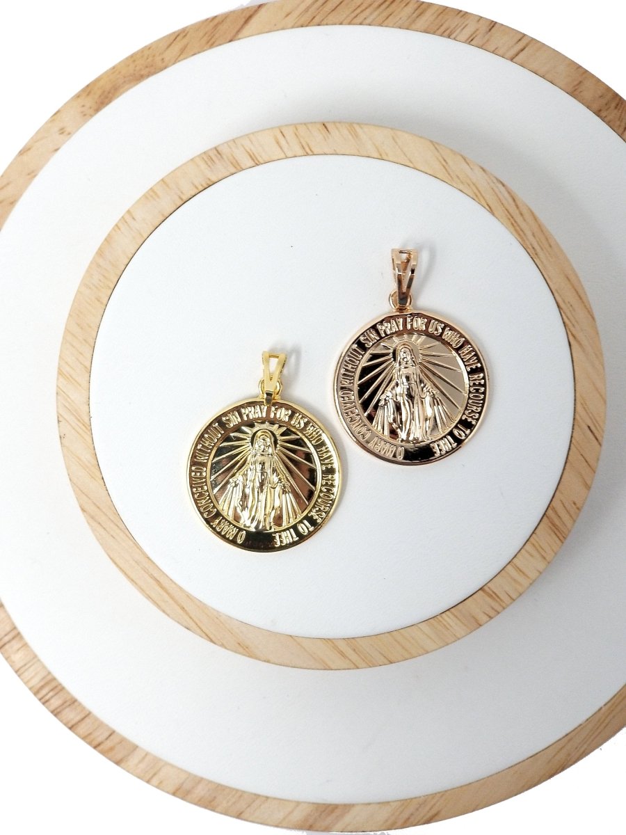 14k Gold Filled Miraculous Lady Charm Medal Mother Mary Necklace Coin Medallion Charm Rose Gold Filled Pendant - Religious Pendant Charms H-450