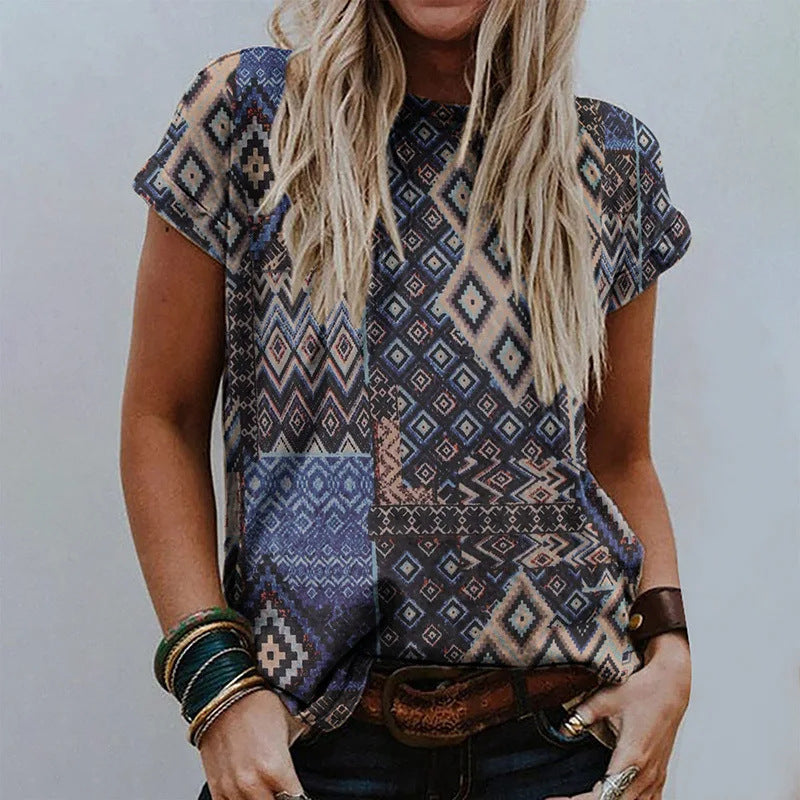 Women's Retro Floral-print Short-sleeve Top