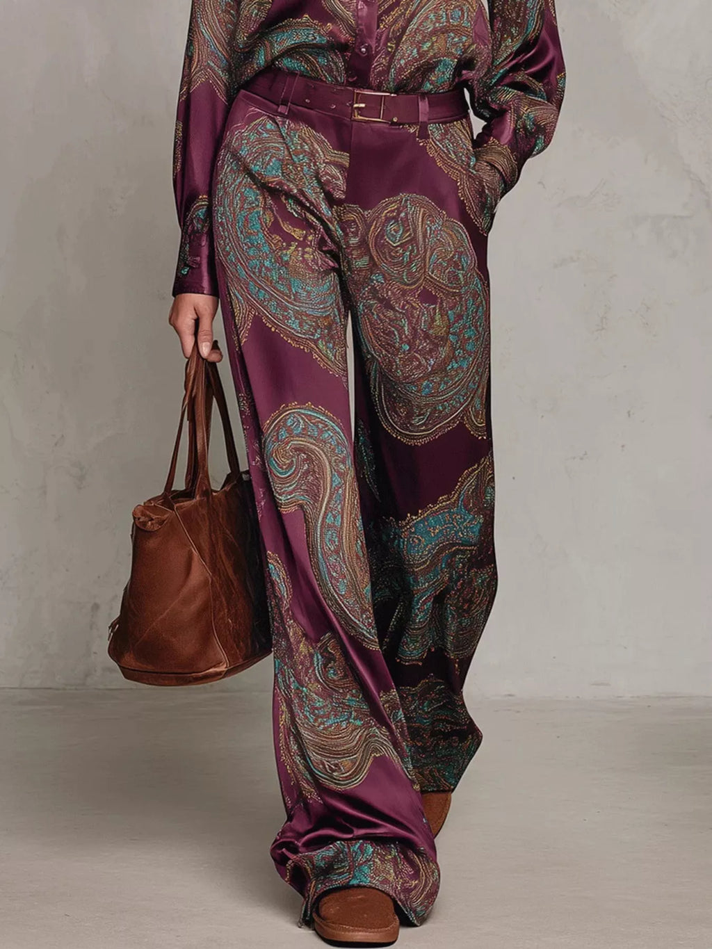 Paisley Print Long Sleeve Shirt and Wide-Leg Pants Set
