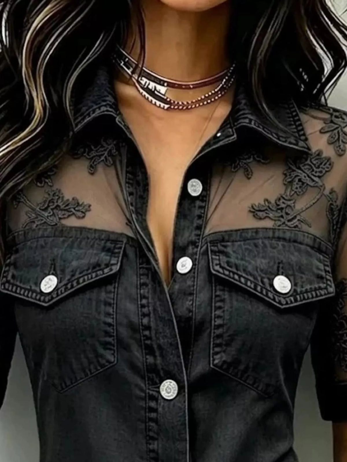 Full Size Denim Look Lace Short Sleeve Shirt Plus Size