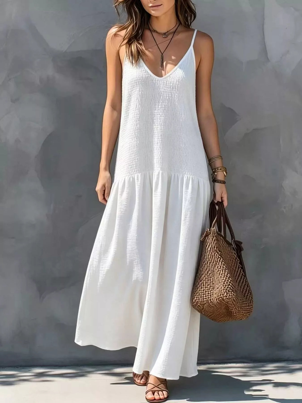Sleeveless Smocked V-Neck Casual Maxi Dress