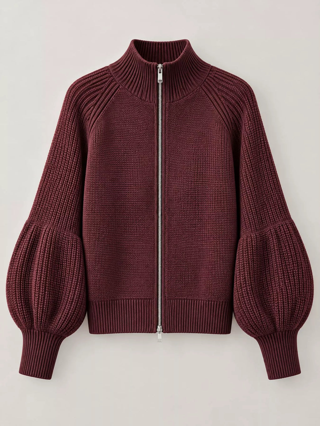 Ribbed Knit Zip-Up Cardigan with Lantern Sleeves