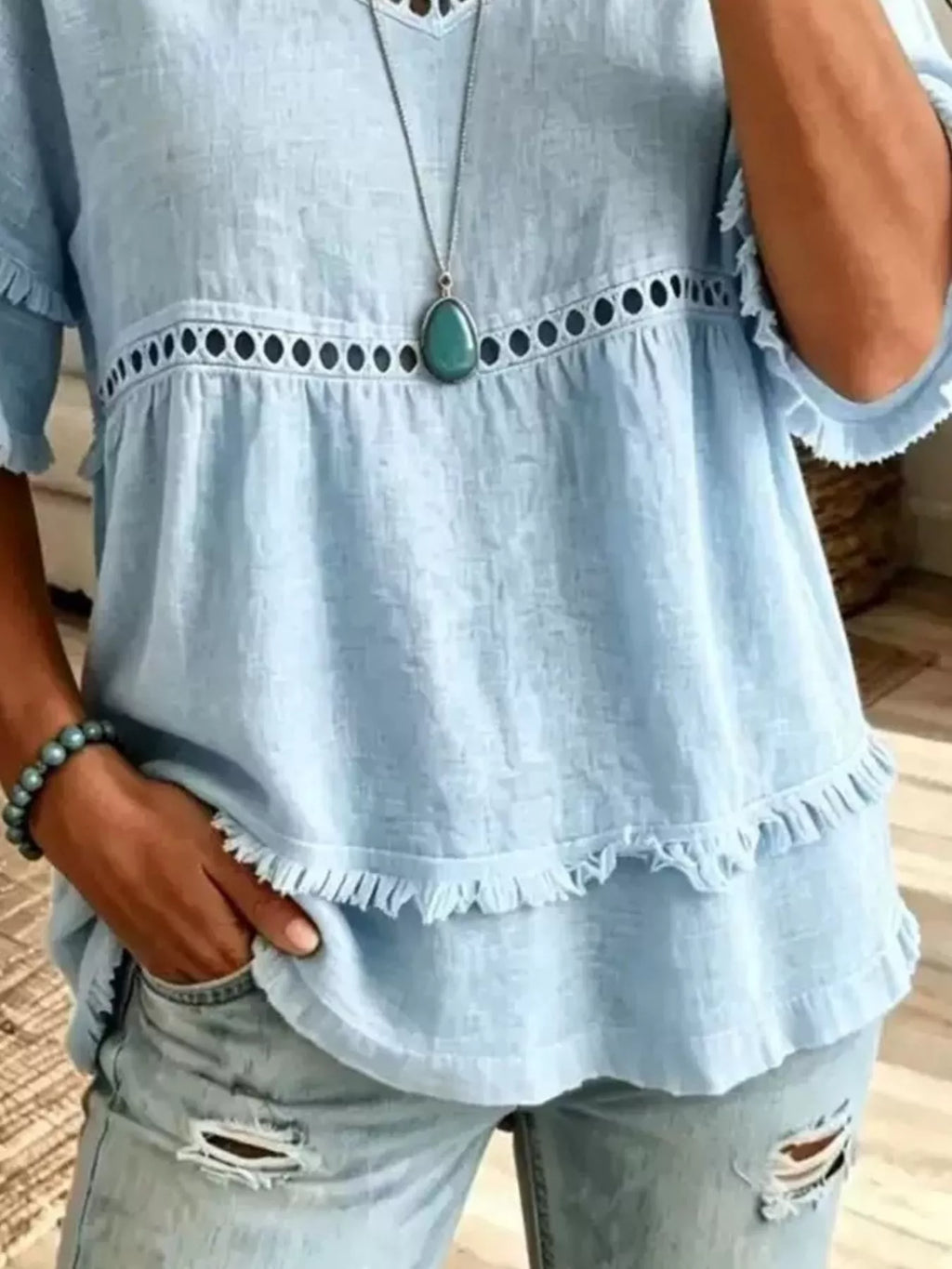 Eyelet V-Neck Frayed Edge T-Shirt