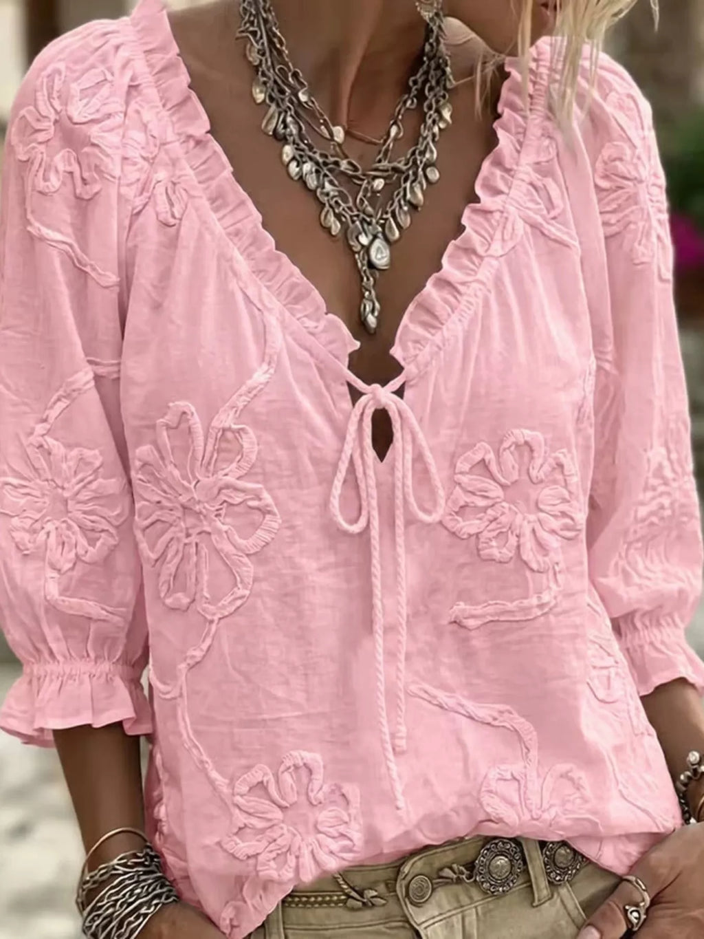 Full Size Flower Tie Front 3/4 Sleeve Blouse Plus Size