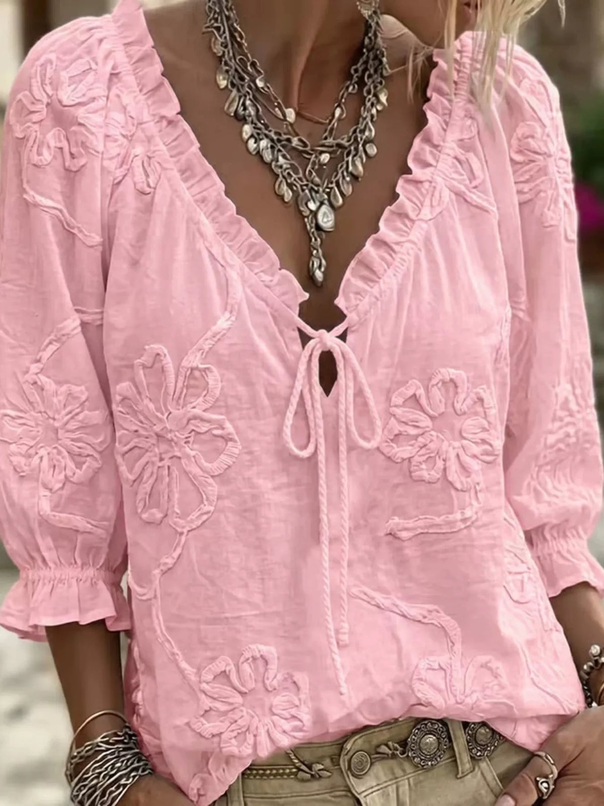 Full Size Flower Tie Front 3/4 Sleeve Blouse Plus Size