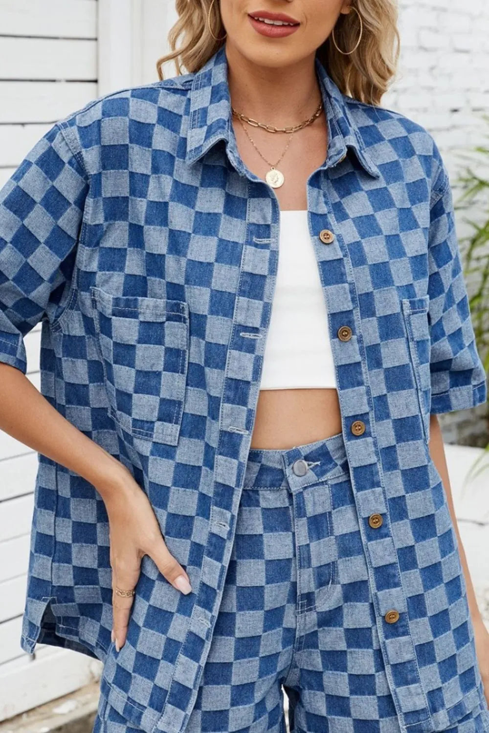 Button Down Checkered Denim Shirt