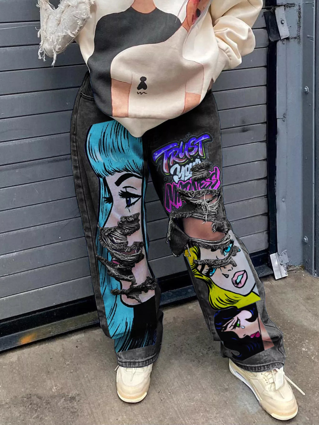 Full Size Pop Art Graphic Distressed Wide-Leg Jeans Plus Size