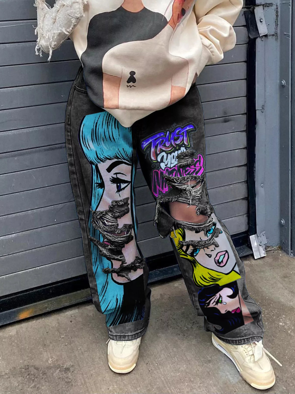 Full Size Pop Art Graphic Distressed Wide-Leg Jeans Plus Size