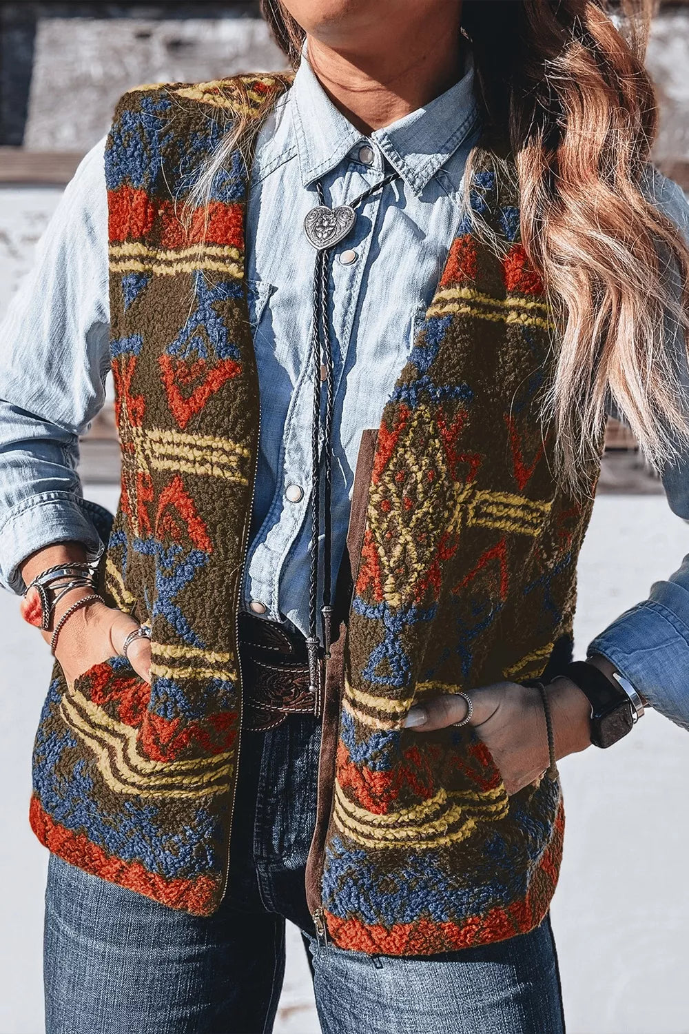 Patterned Fleece Vest Coat