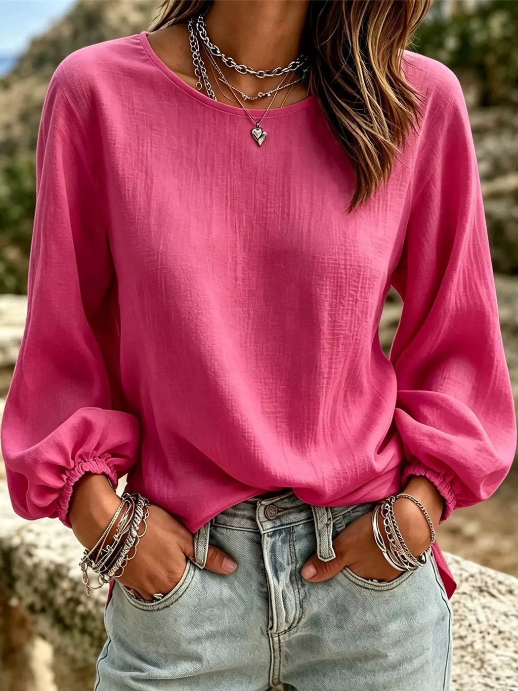 Full Size Elasticated Cuffs Long Sleeve Blouse Plus Size
