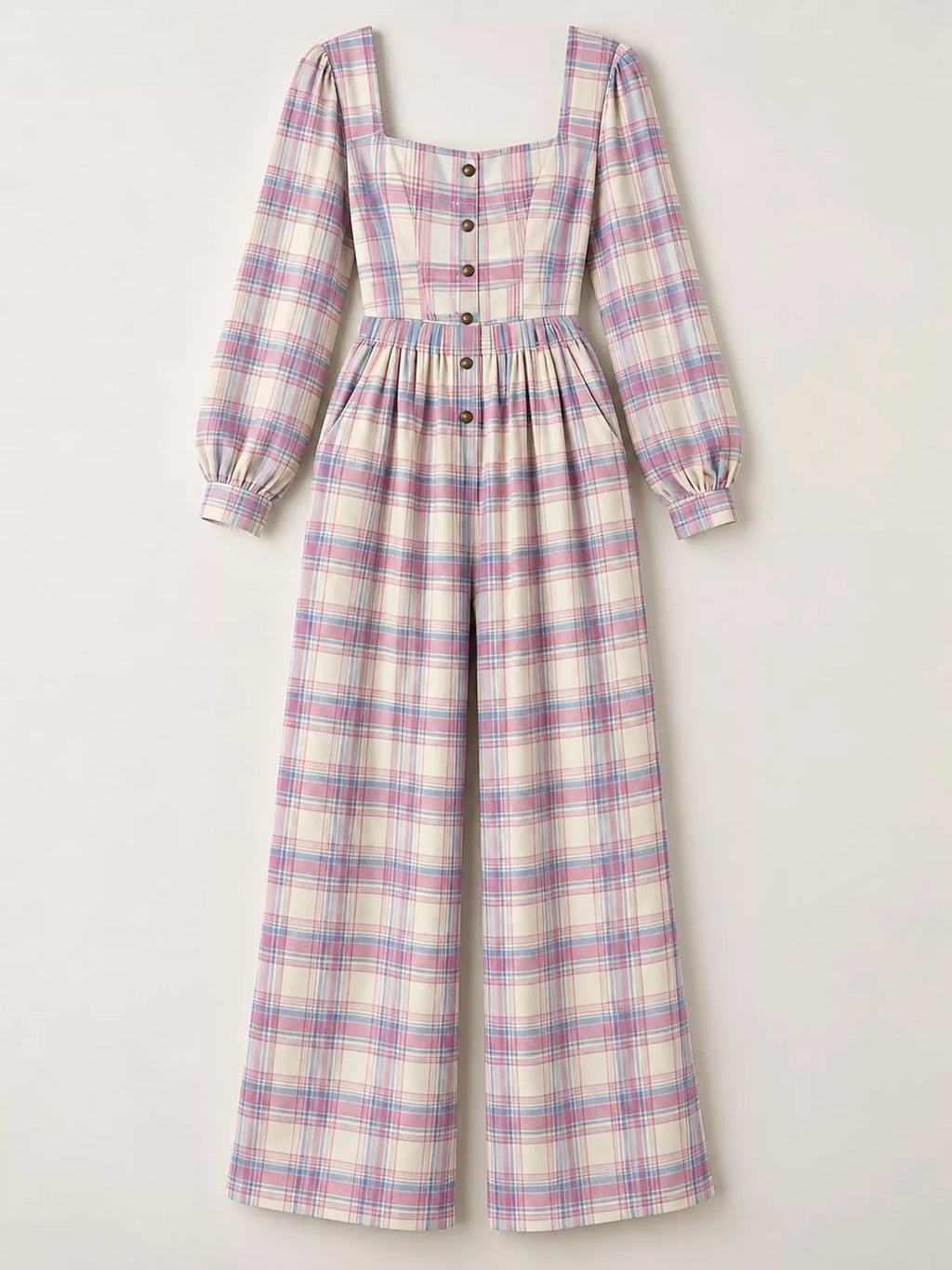 Plaid Square Neck Long Sleeve Wide-Leg Jumpsuit