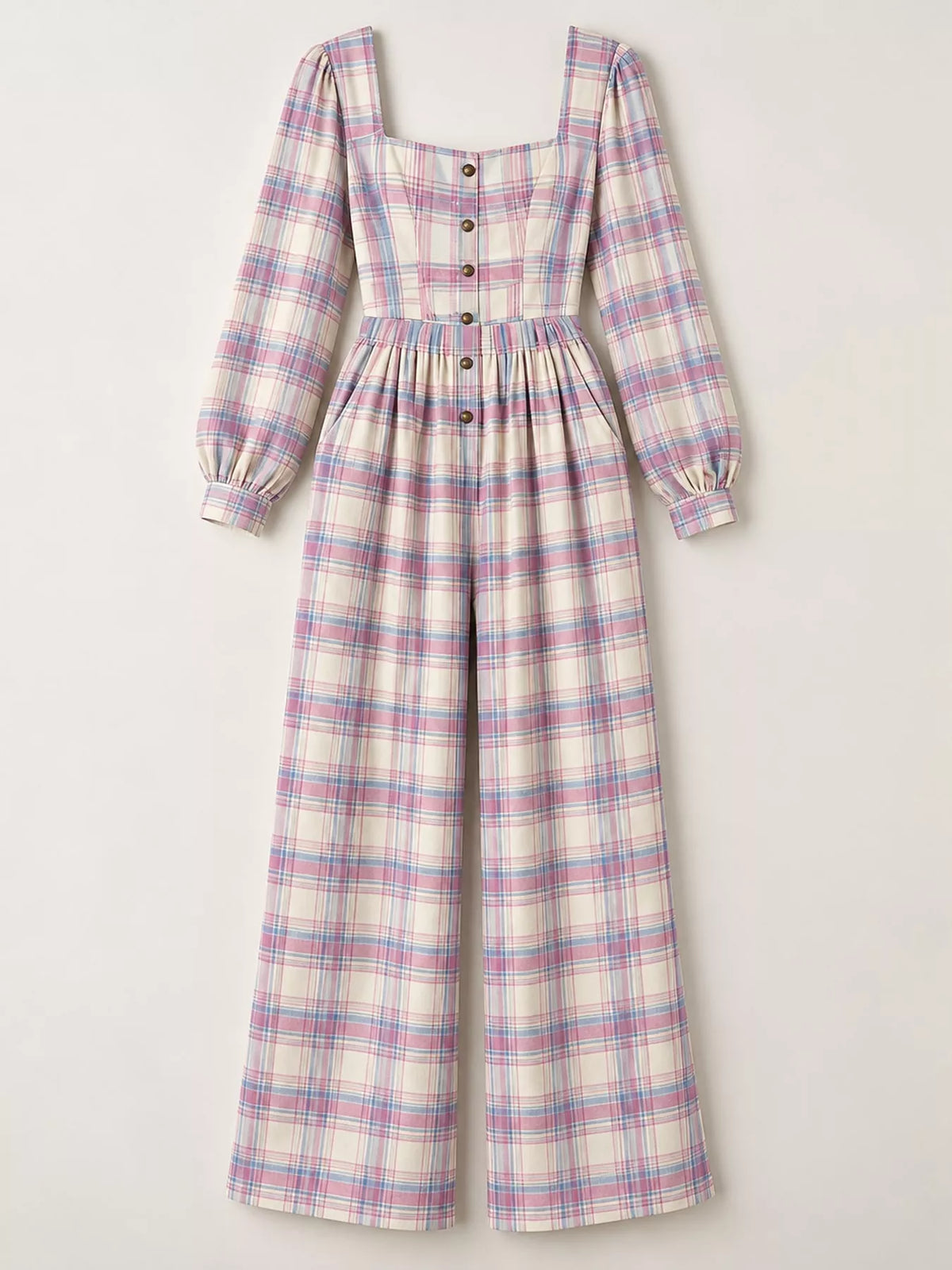 Plaid Square Neck Long Sleeve Wide-Leg Jumpsuit