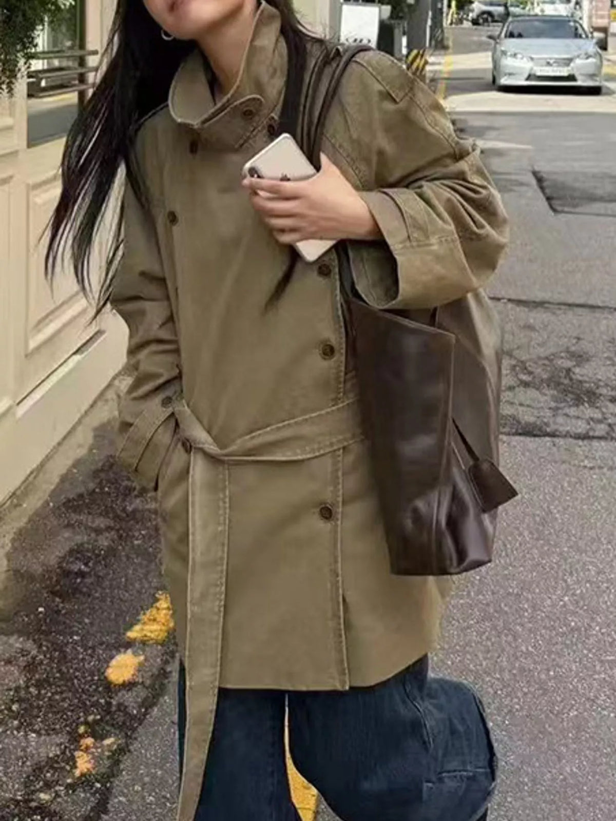 Vintage-Inspired Double-Breasted Belted Trench Outerwear