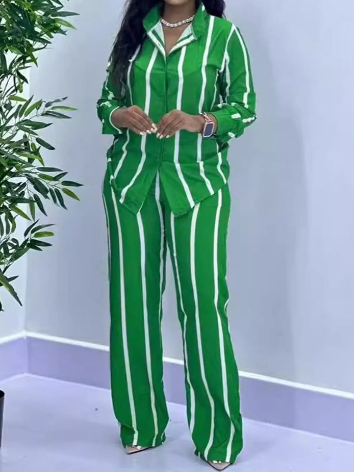 Striped Button-Down Shirt and Wide-Leg Pants Two-Piece Set
