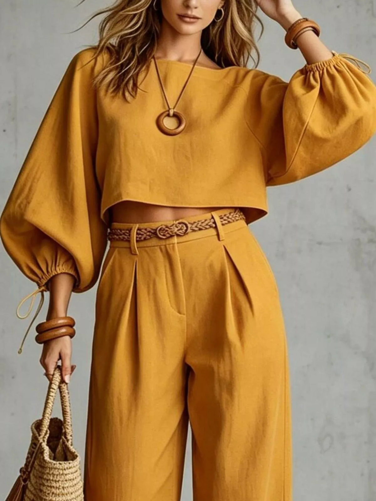 Balloon Sleeve Crop Top and Wide-Leg Pants Set