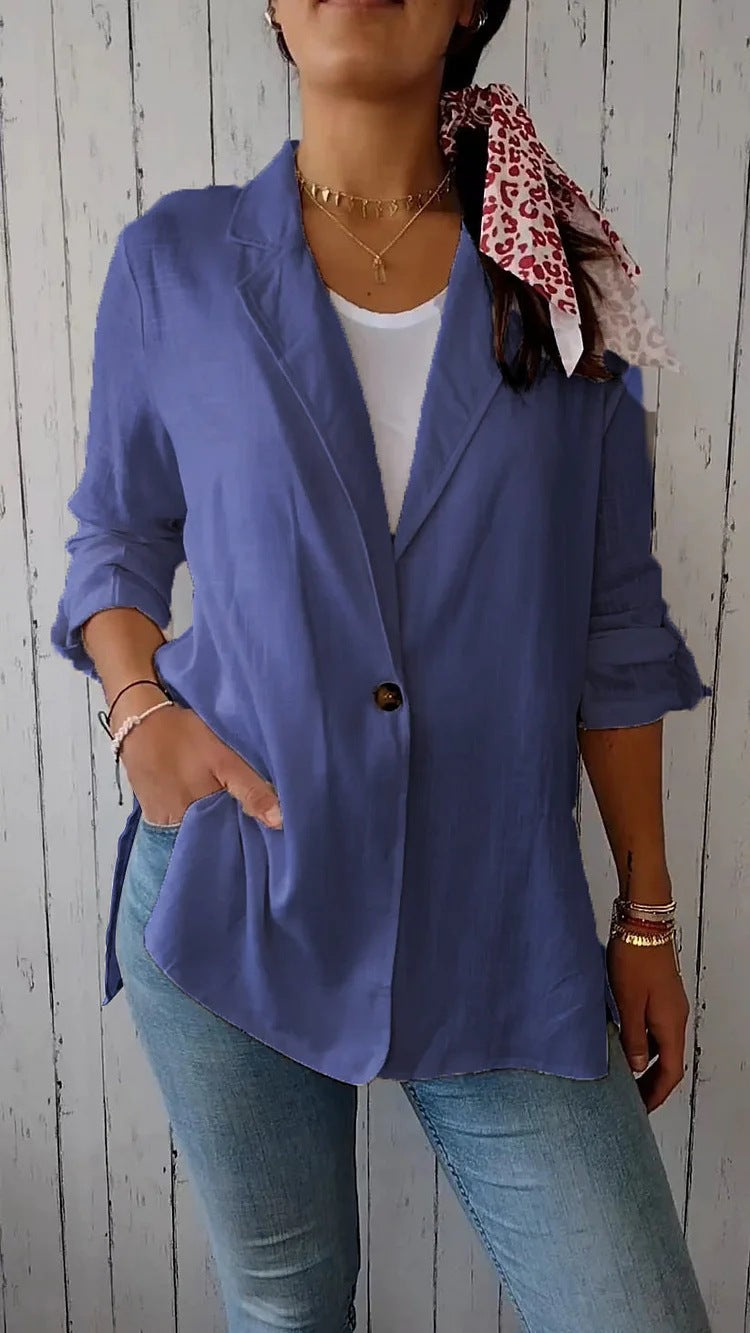 AutumnWinter Womens Cotton-linen Blazer With A Lapel And A Single Button