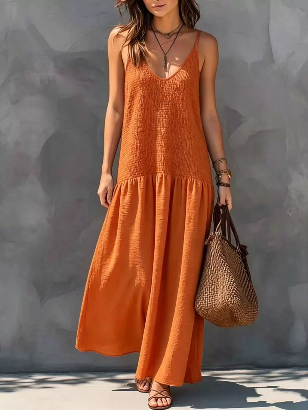 Sleeveless Smocked V-Neck Casual Maxi Dress