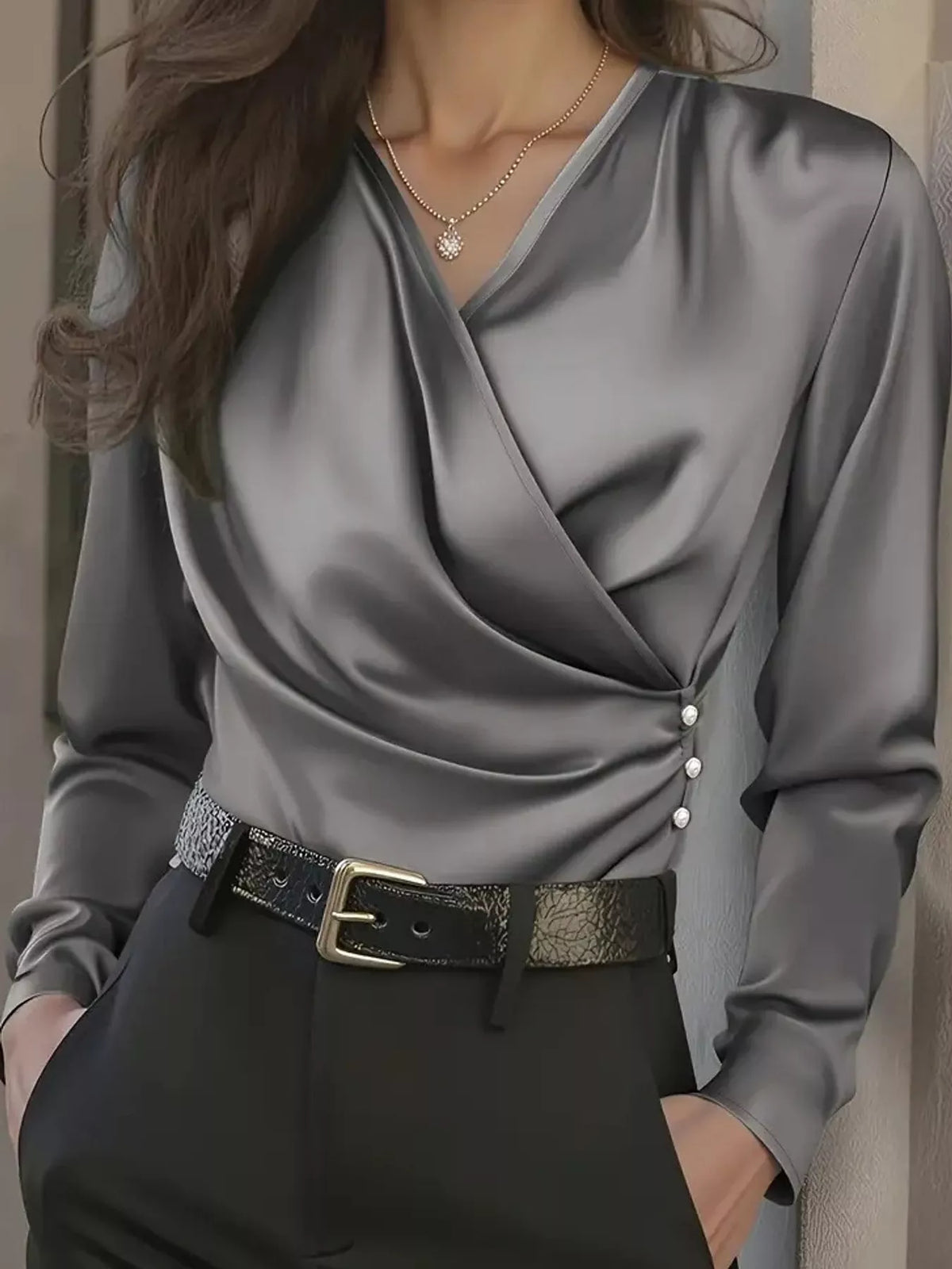 Satin Surplice Long Sleeve Blouse