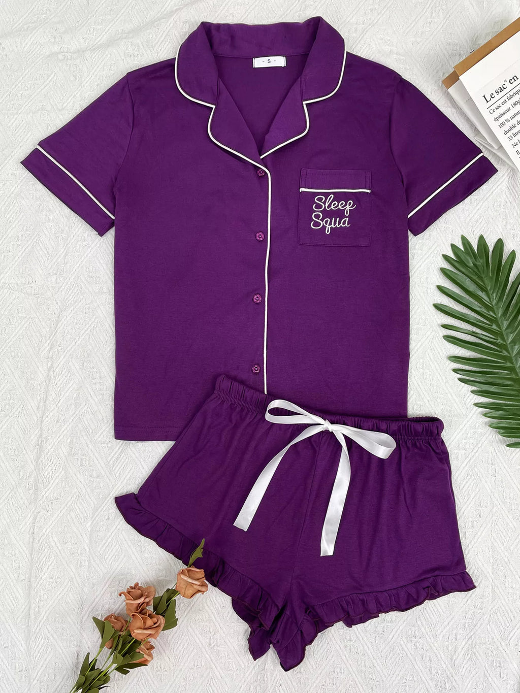 Contrast Piping Button-Down Shirt and Ruffle Shorts Lounge Set