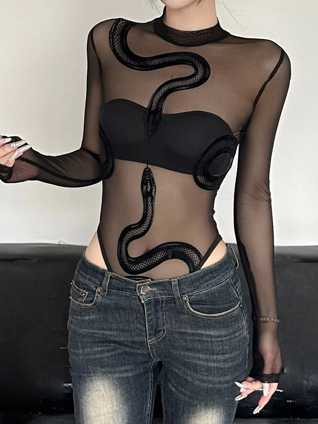Sheer Mesh Snake Print Long Sleeve Bodysuit