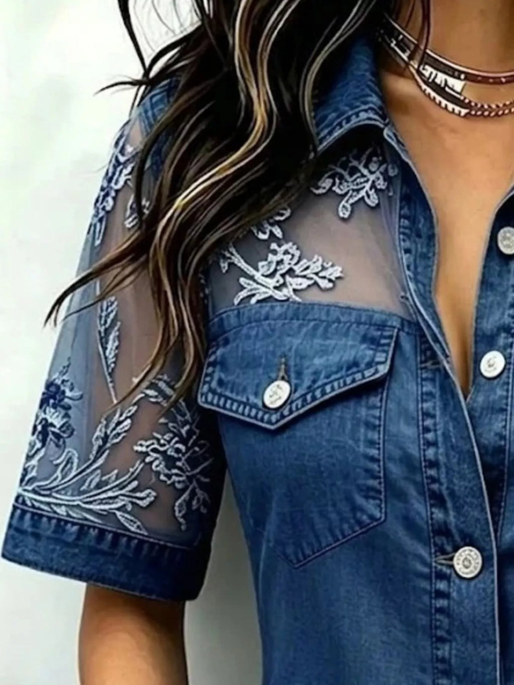 Full Size Denim Look Lace Short Sleeve Shirt Plus Size