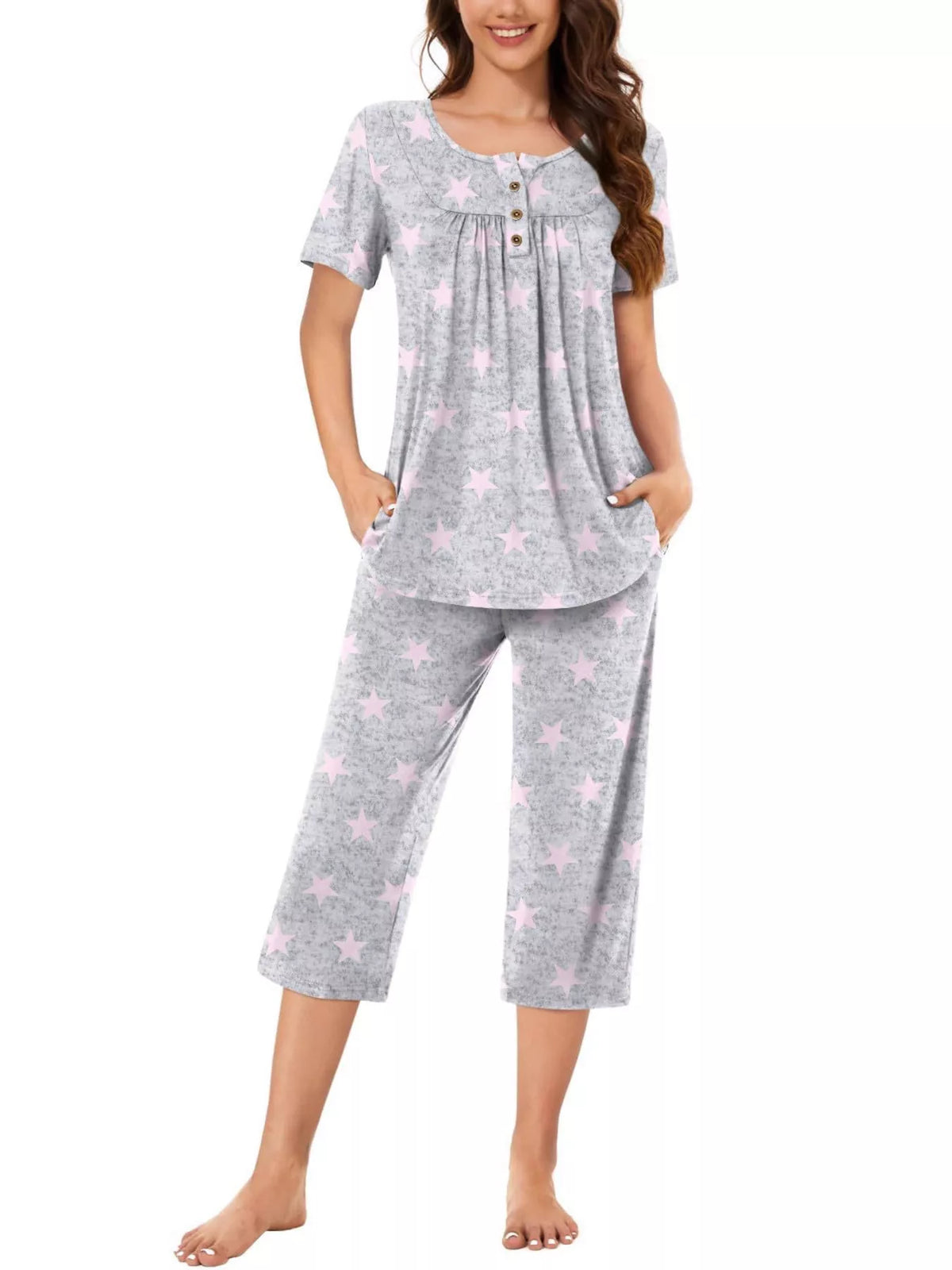 Printed Short Sleeve Top and Cropped Pants Lounge Set