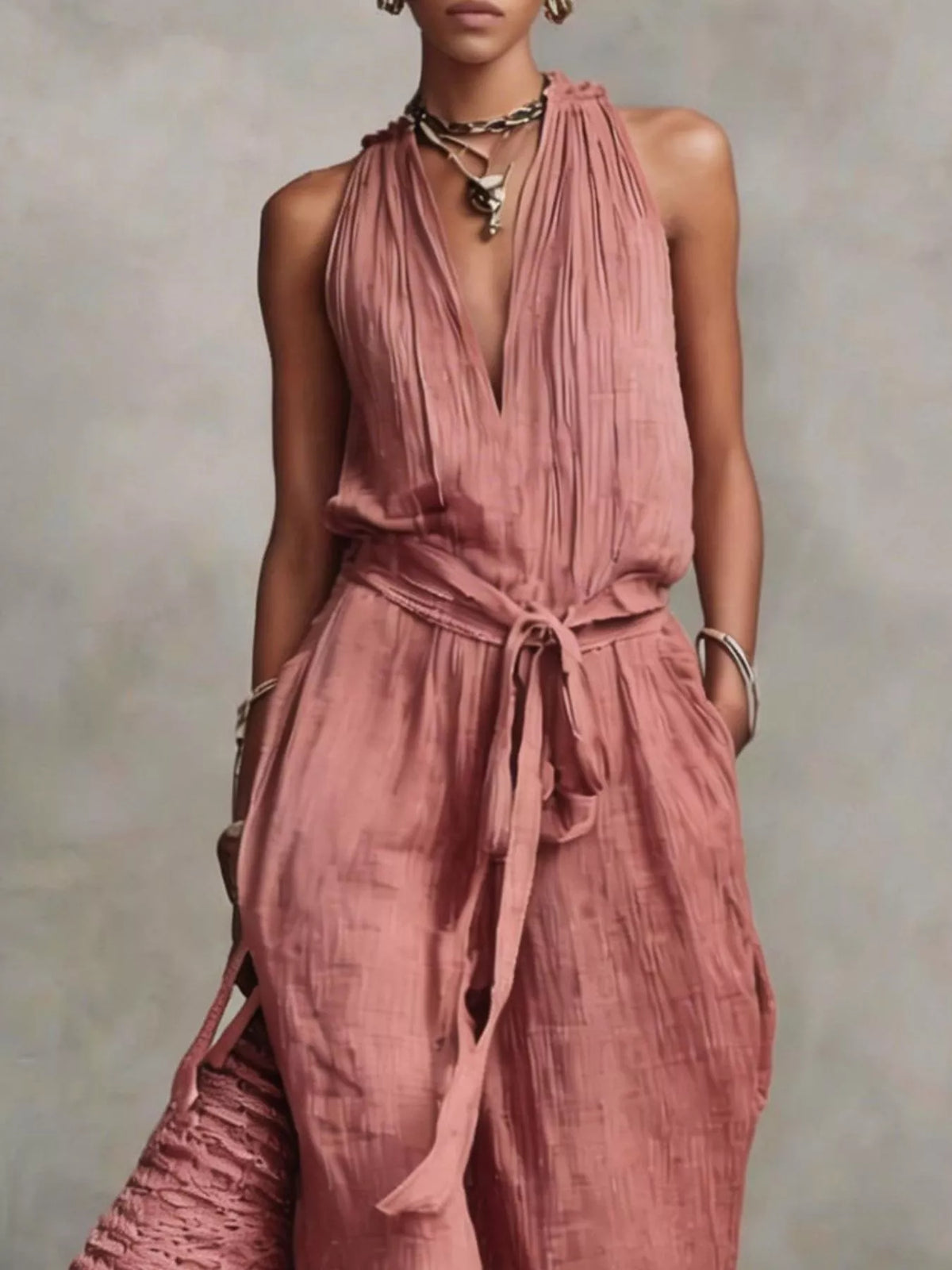 Sleeveless Wide-Leg Jumpsuit with Tie-Waist