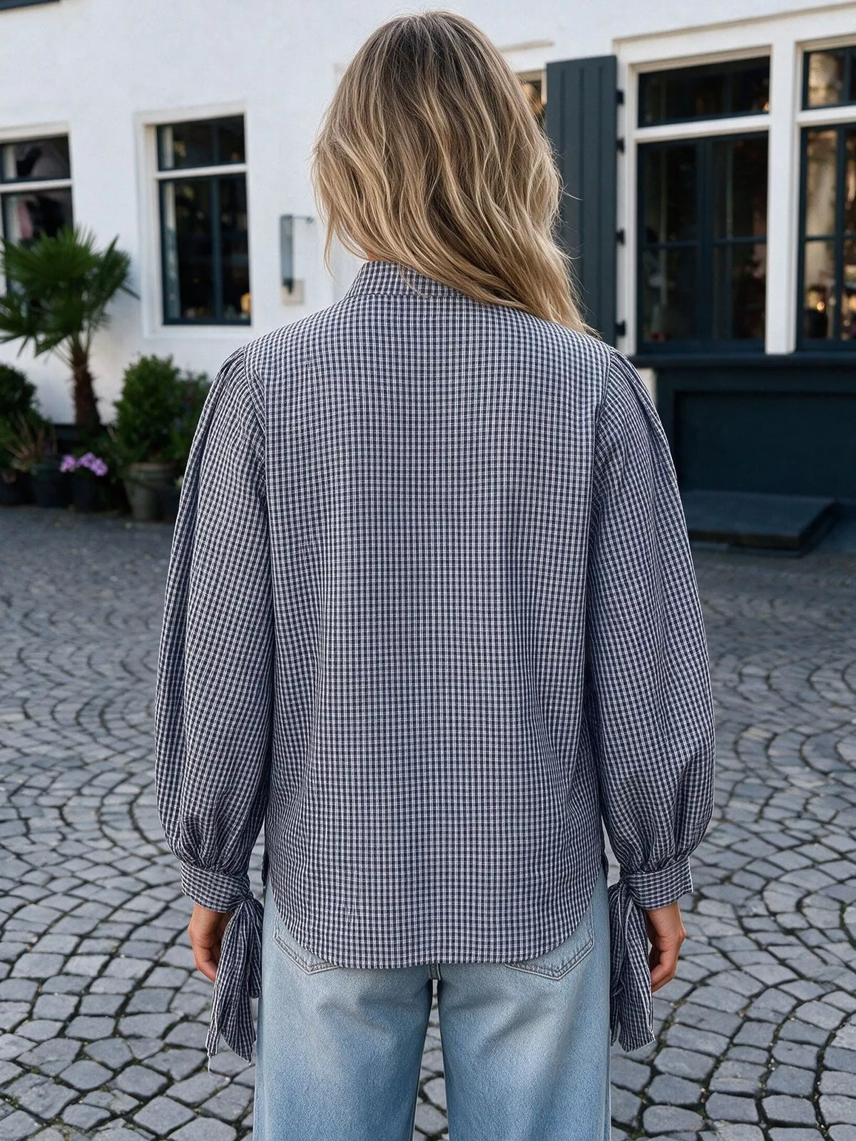 Gingham Button Up Shirt with Tie-Sleeve Detail